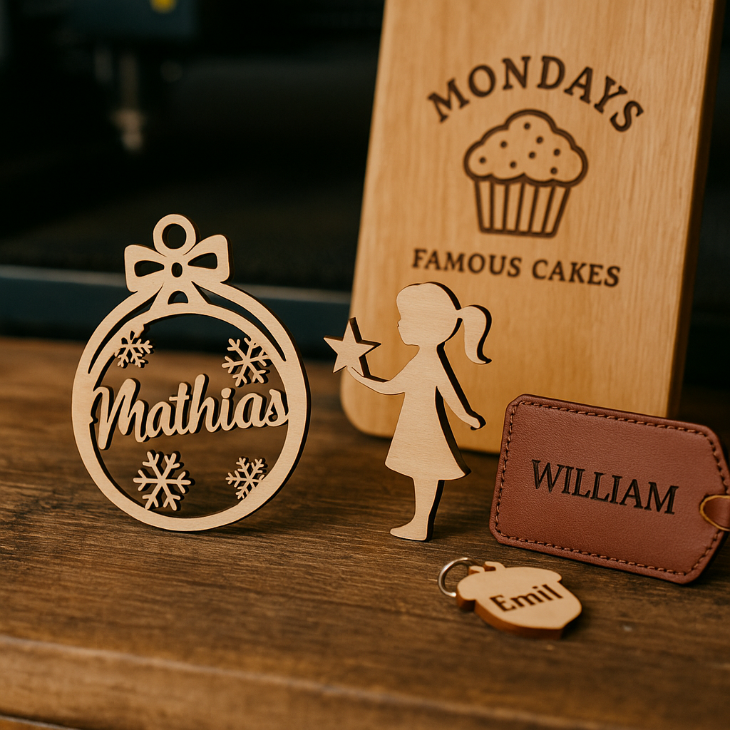 Udskåret julepynt og navneskilte i træ